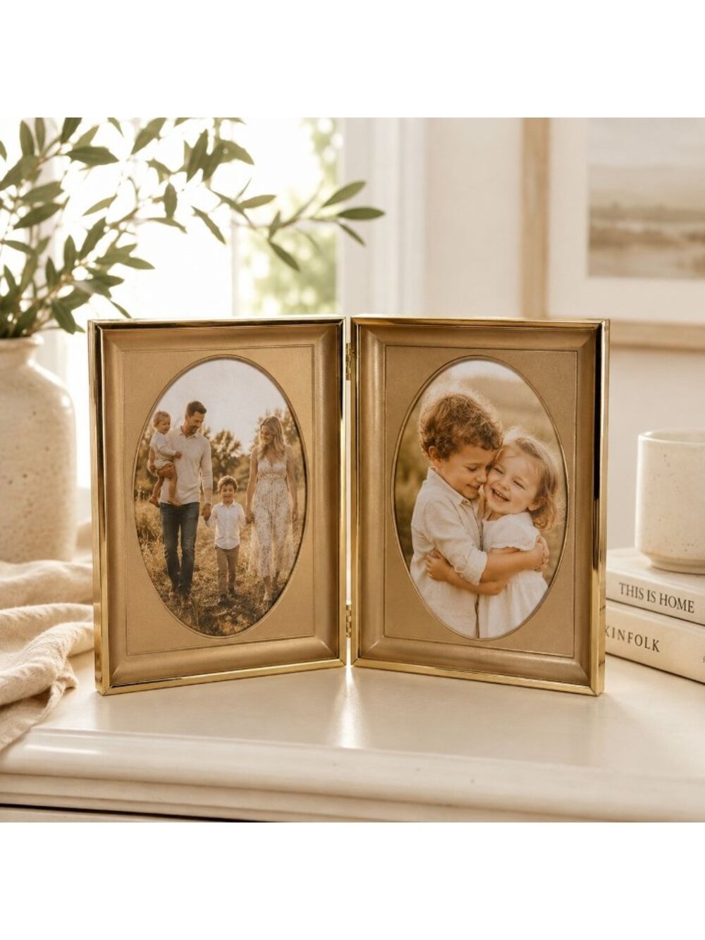 Gold-Toned Hinged Double Oval Picture Frame 5x7 Elegant Vintage Look